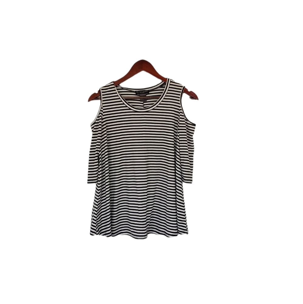 See You Next Monday Black White Stripe XS Cold Shoulder Blouse - Picture 2 of 4